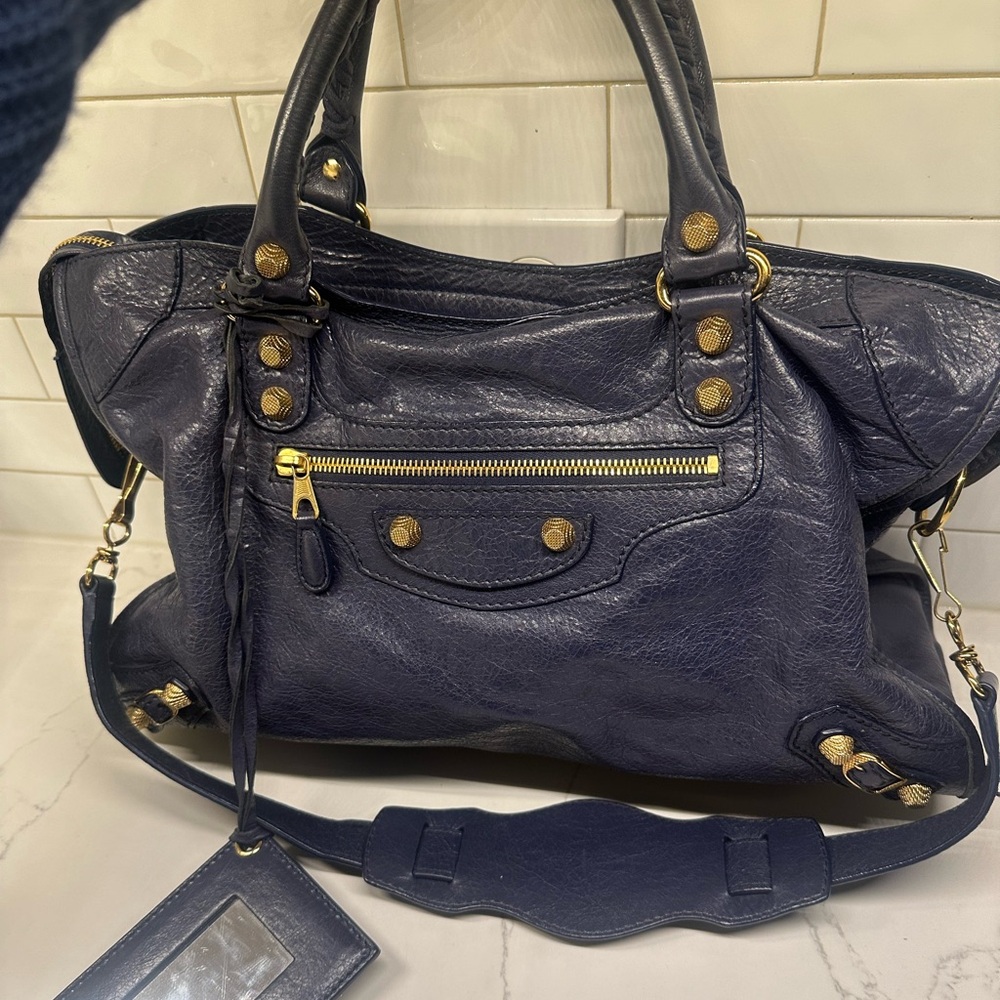 Balenciaga 2 way city bag in Blue with gold hardware!